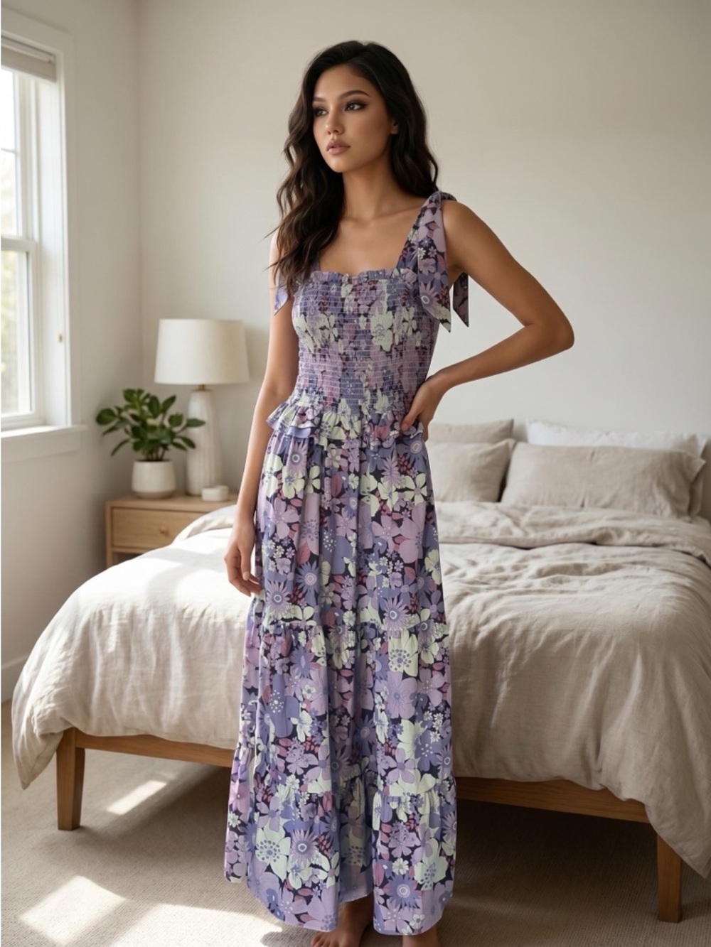 Floral Smocked Maxi Dress with Tie Straps - Lavender